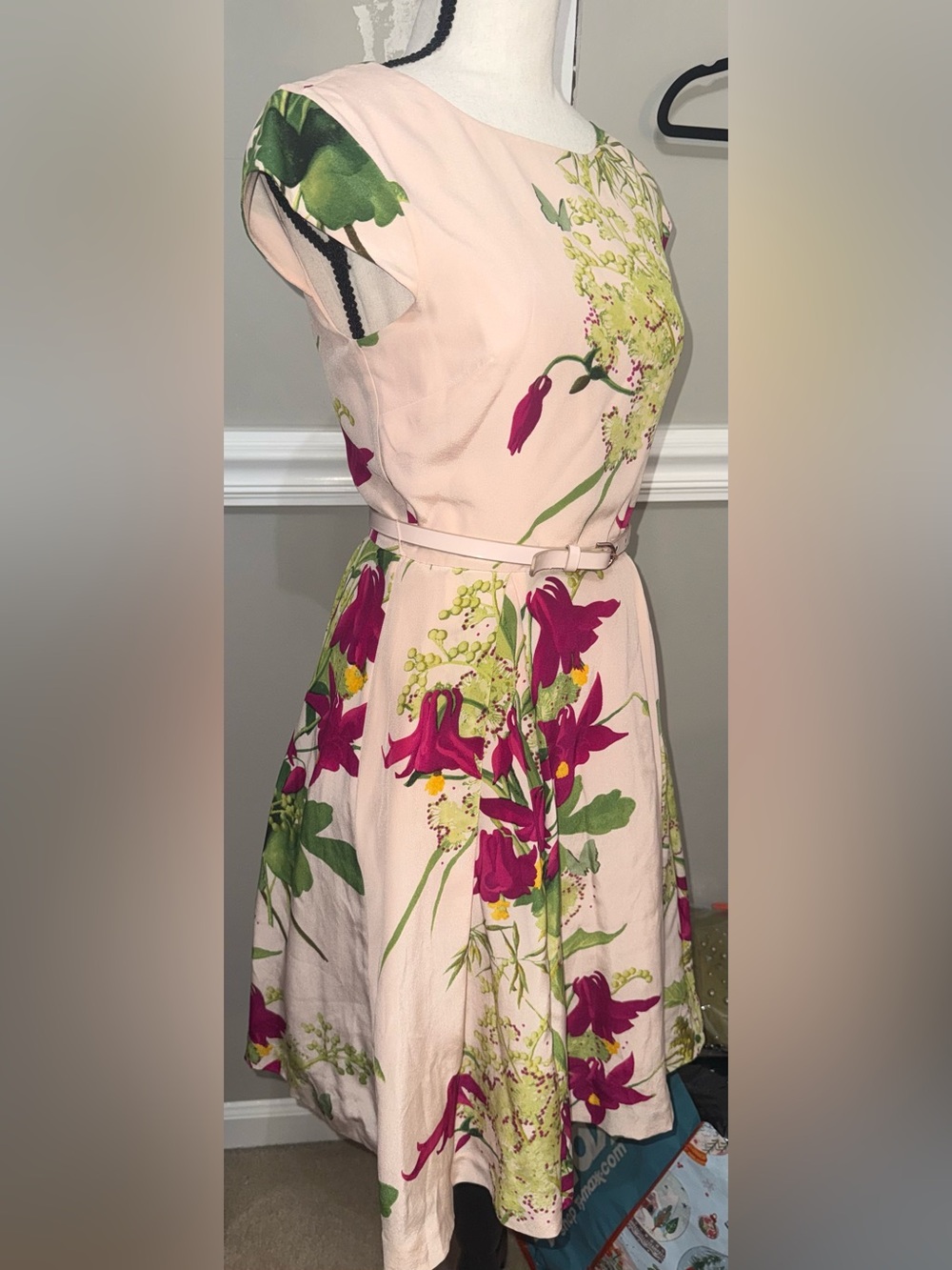 Ted Baker London Pale Pink Midi Dress with Fuchsia & Green Floral Print - Picture 4 of 13